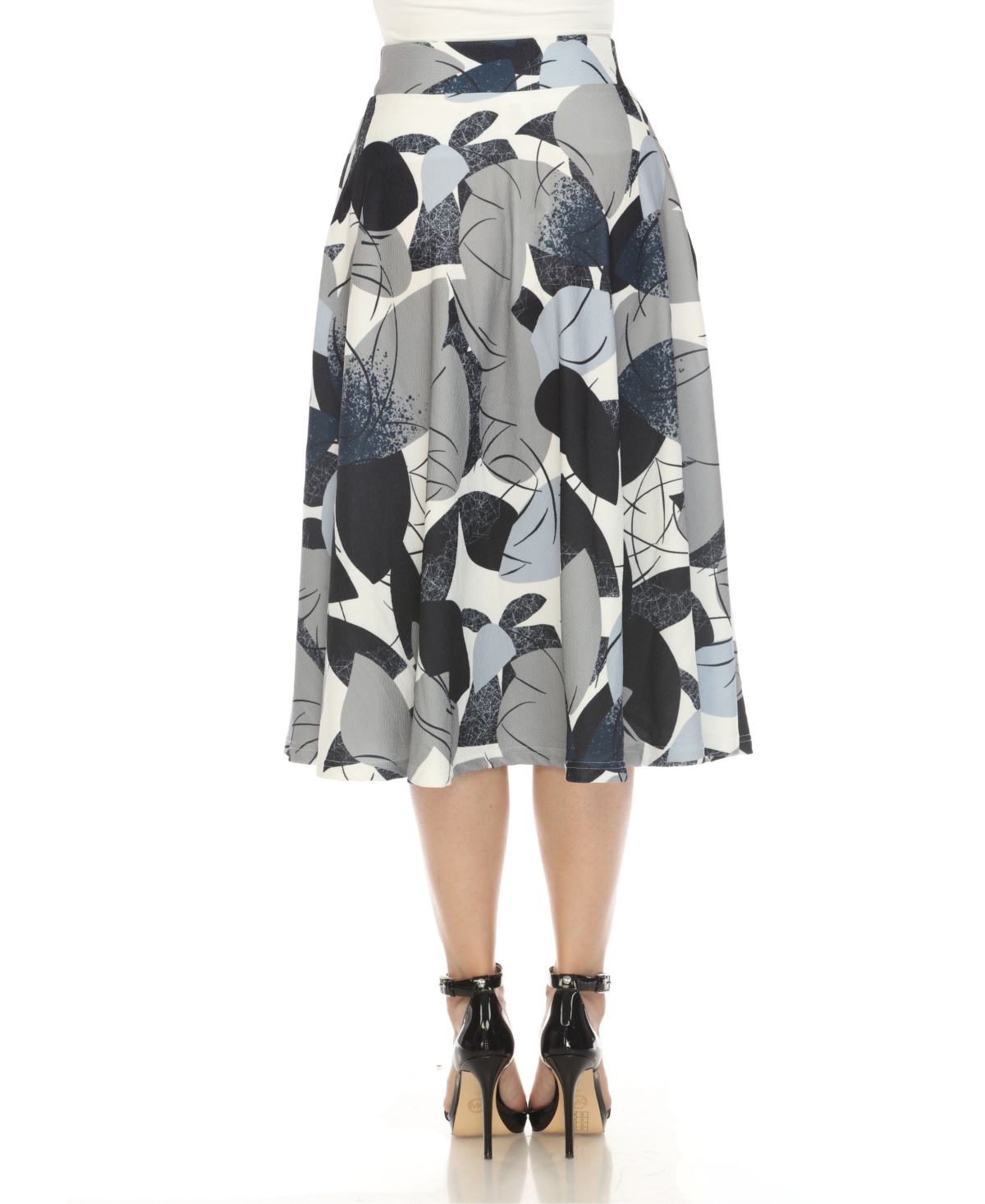 White Mark Women's Leaf Print Vintage Flared Midi Skirt In Navy