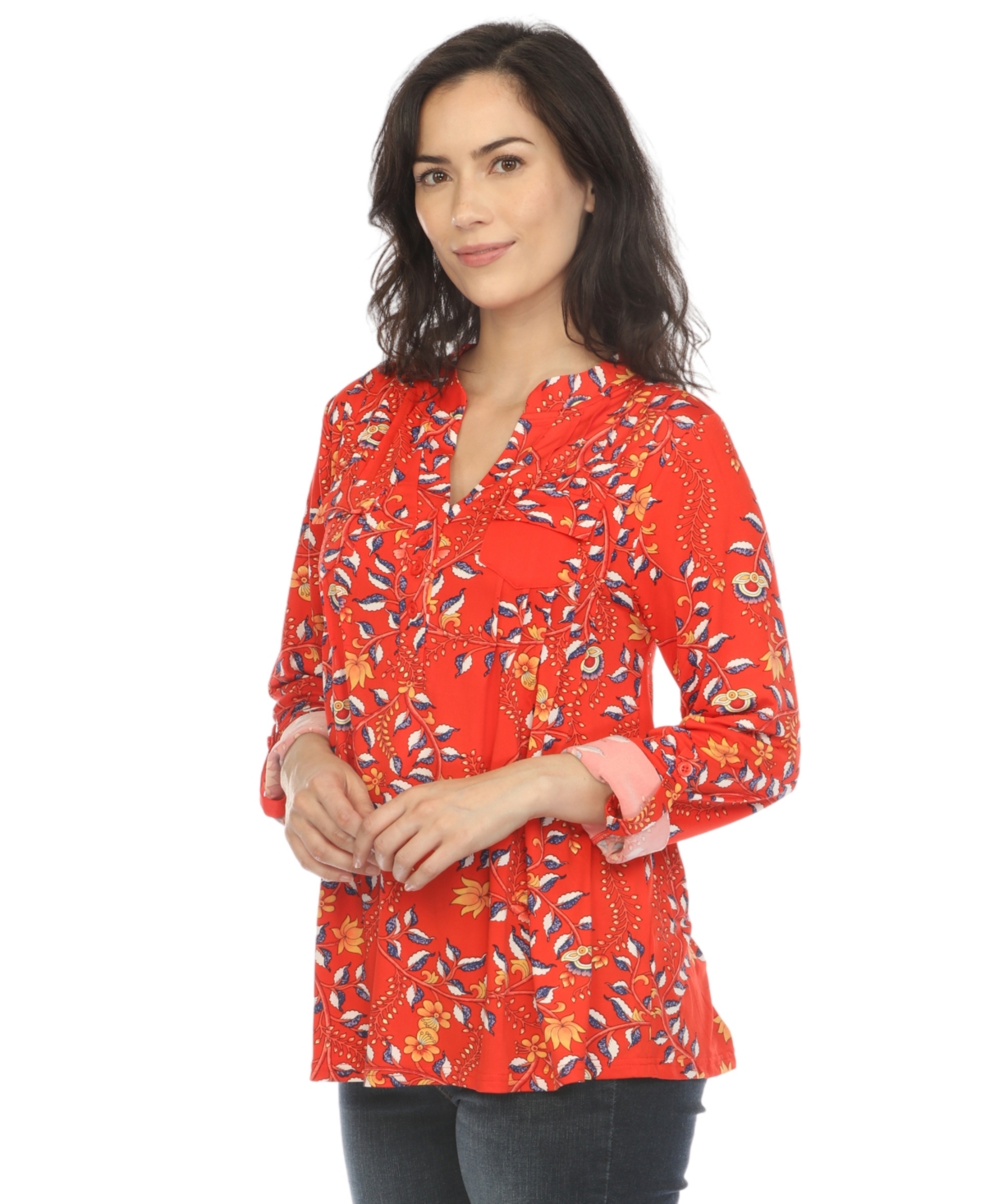 White Mark Women's Paisley Button Front Tunic Top In Red