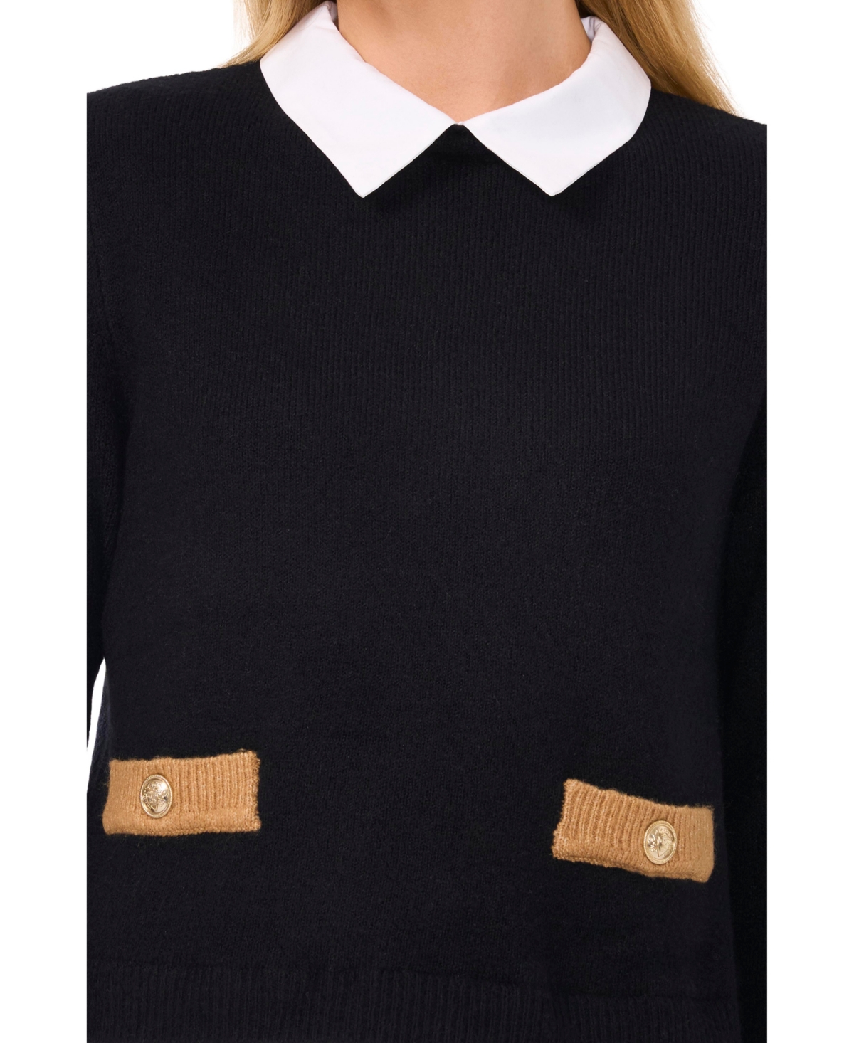 CeCe Women's Two-Fer Collared Pocket Detail Sweater