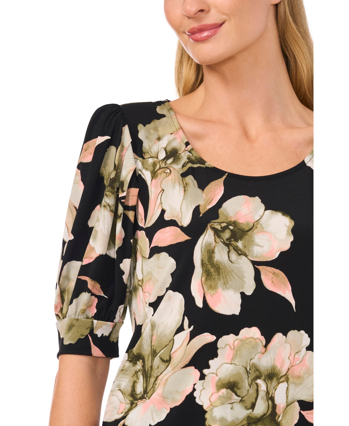 CeCe Women's Floral Crew Neck Knit Puff Sleeve Top