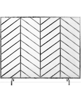 38x31in Single Panel Handcrafted Iron Chevron Fireplace Screen w/ Distressed Finish