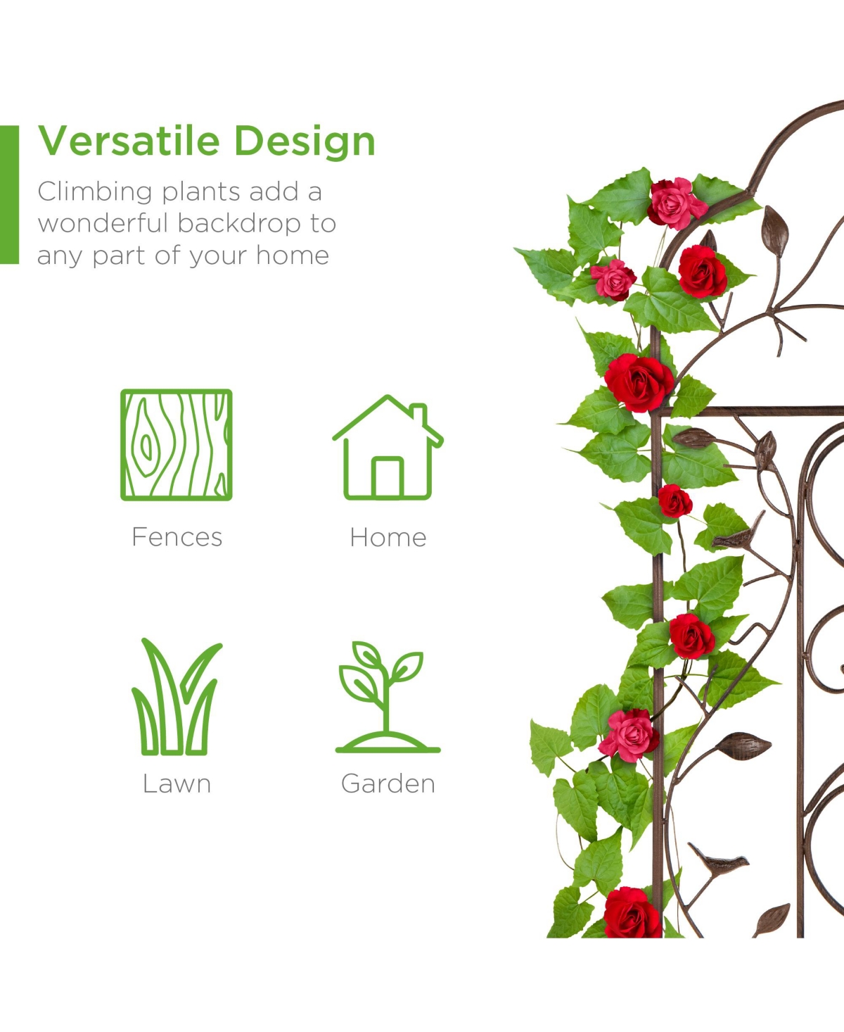 Best Choice Products 60x15in Iron Arched Garden Trellis Fence Panel w/ Branches, Birds for Climbing Plants -- Bronze