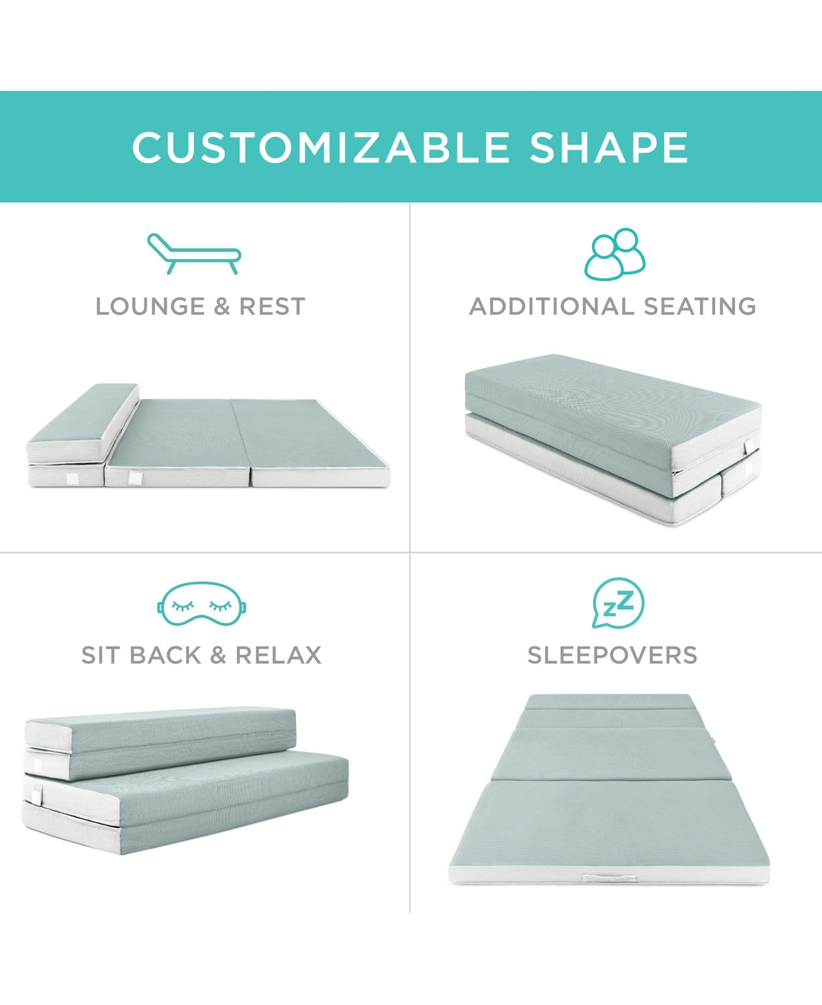 Best Choice Products 4in Thick Folding PortableMattress Topper w/ Carry Case, Washable Cover - Seafoam