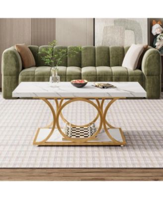 47.24" Modern Coffee Table 2-Tier Faux Marble Wood with Geometric Metal Legs, Stylish & Functional for Living Room Black Friday 2024 Deal