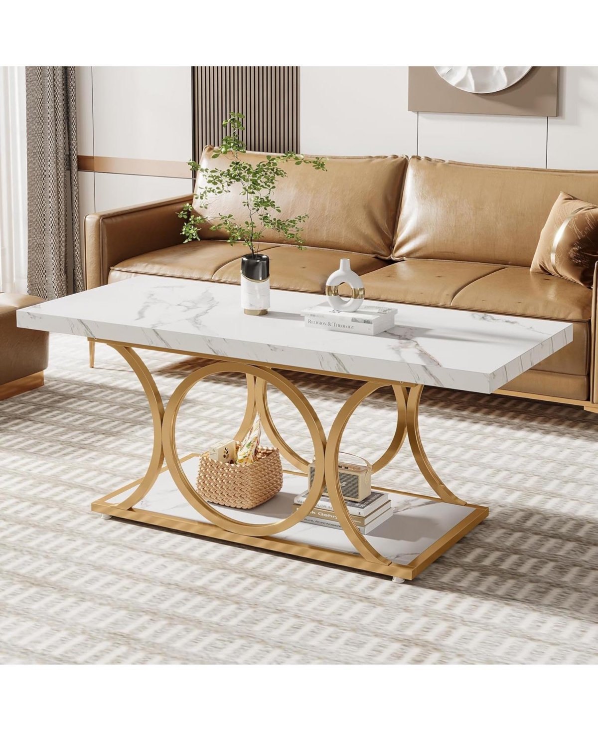Tribesigns Rectangle Coffee Table, 47.24-inch Modern Coffee Tables for Living Room, 2-Tier Faux Marble Wood Coffee Table with Geometric Metal Legs,Bla