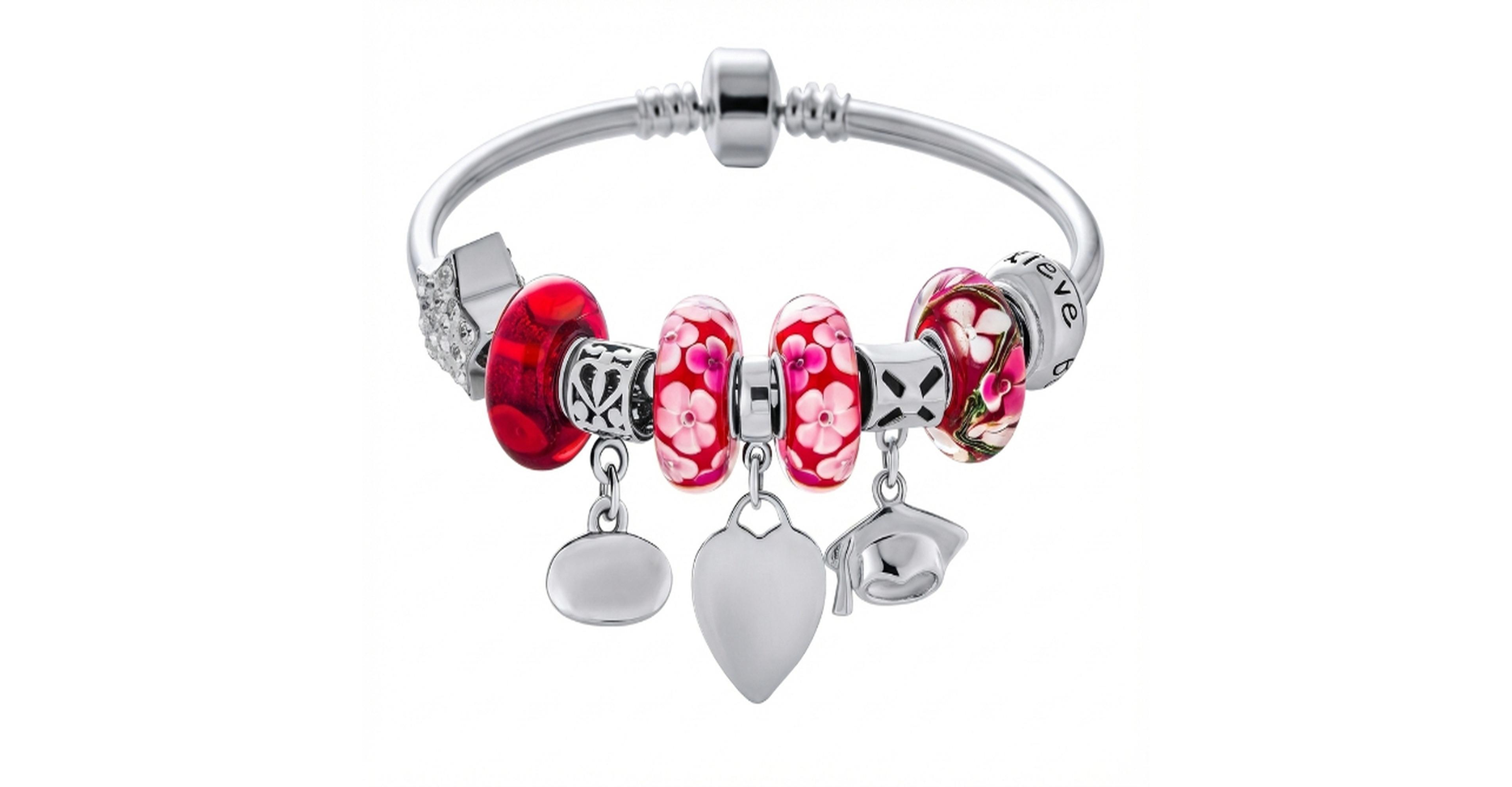 Bling Jewelry Initial Graduation Cap Honor Student Good Luck Theme Crystal European Bead Multi Charm Bangle Bracelet .925 Sterling Silver Snap Barrel