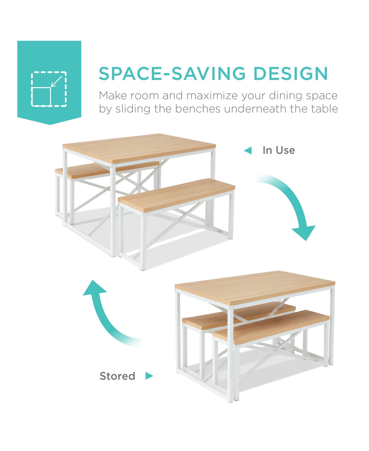 Best Choice Products 3-Piece Bench Style Dining Furniture Set, 4-Person Dinette w/ 2 Benches, Table -white