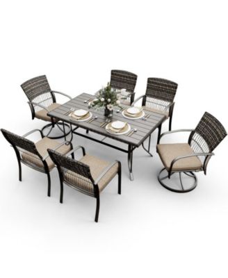7-Piece Patio Dining Set for 6 with Green Cushion 4 Dining Chairs and 2 Swivel Rockers