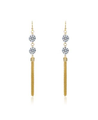 Sterling Silver 14K Gold Plated with Cubic Zirconia Chain Fringe Dangle Earrings