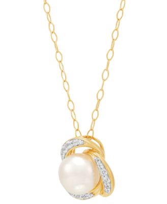 2-Pc. Set Cultured Freshwater Button Pearl (7 & 8mm) & Lab Created White Sapphire (3/8 ct. t.w.) Love Knot Pendant Necklace & Matching Stud Earrings in 14k Gold-Plated Sterling Silver