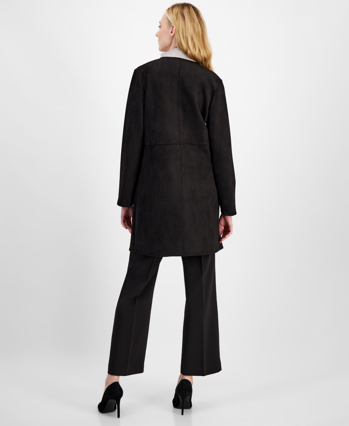 T Tahari Women's Faux-Suede Open-Front Midi Jacket