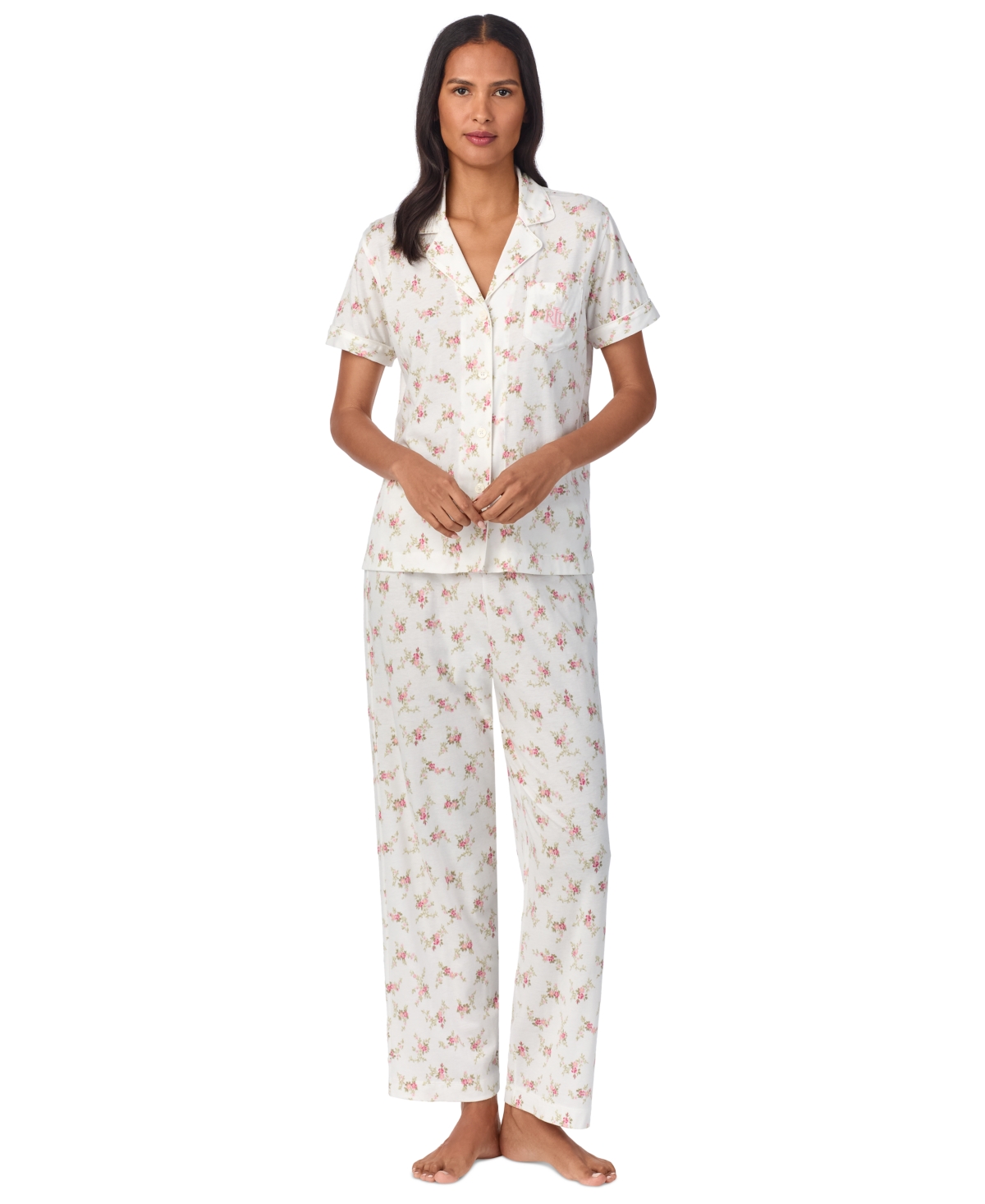 Shop Ralph Lauren Petite Floral Notched-collar Pajama Set In Blush Floral