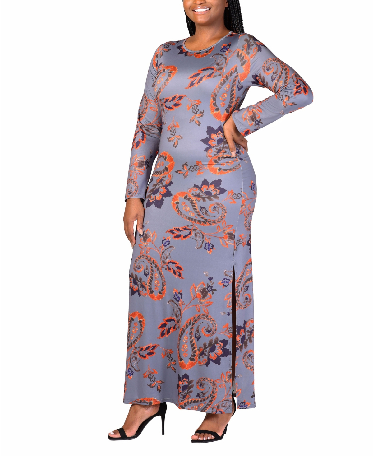24seven Comfort Apparel Plus Size Long Sleeve Maxi Dress In Purple Multi