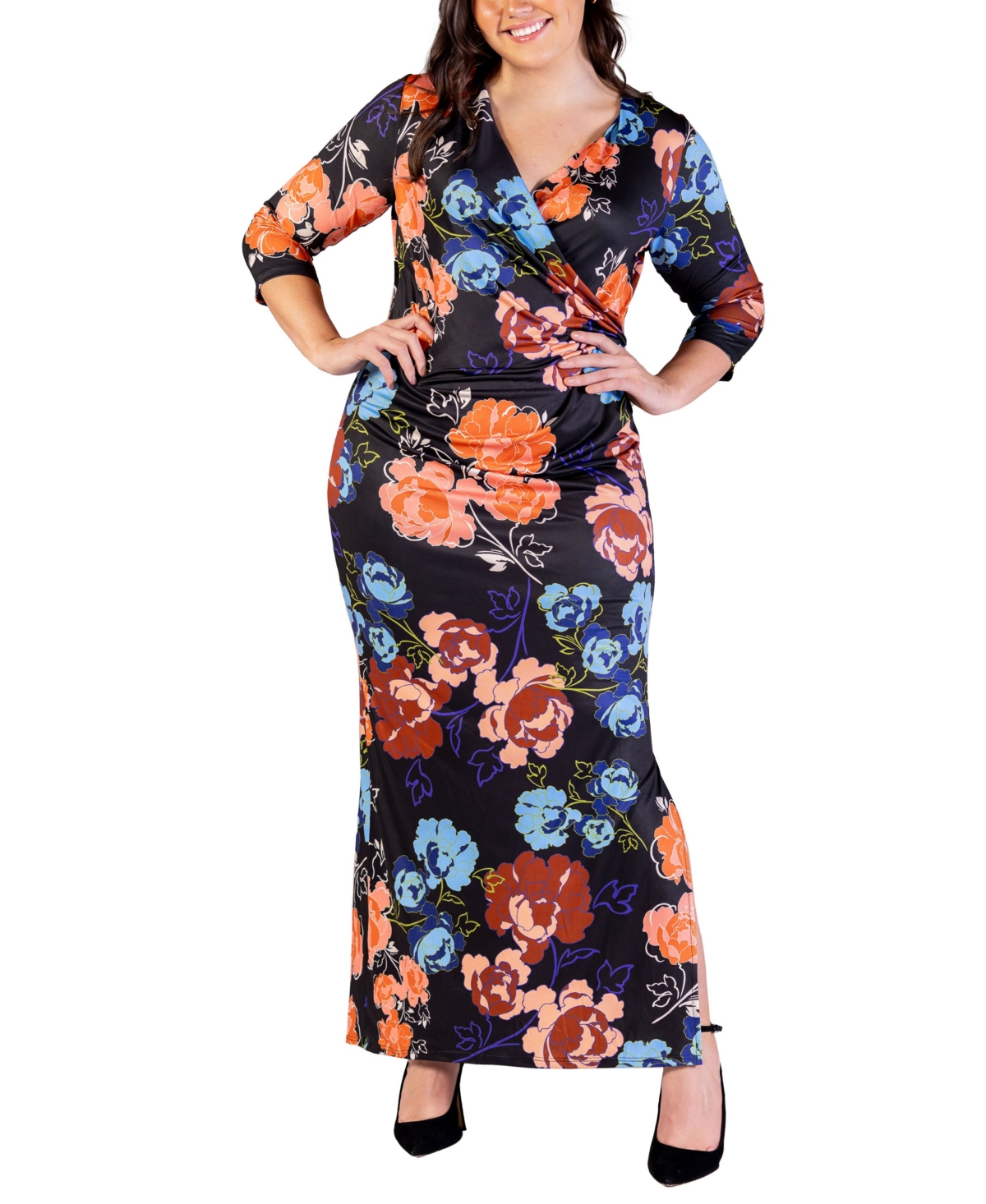 24seven Comfort Apparel Plus Size Printed Maxi Dress In Navy Multi