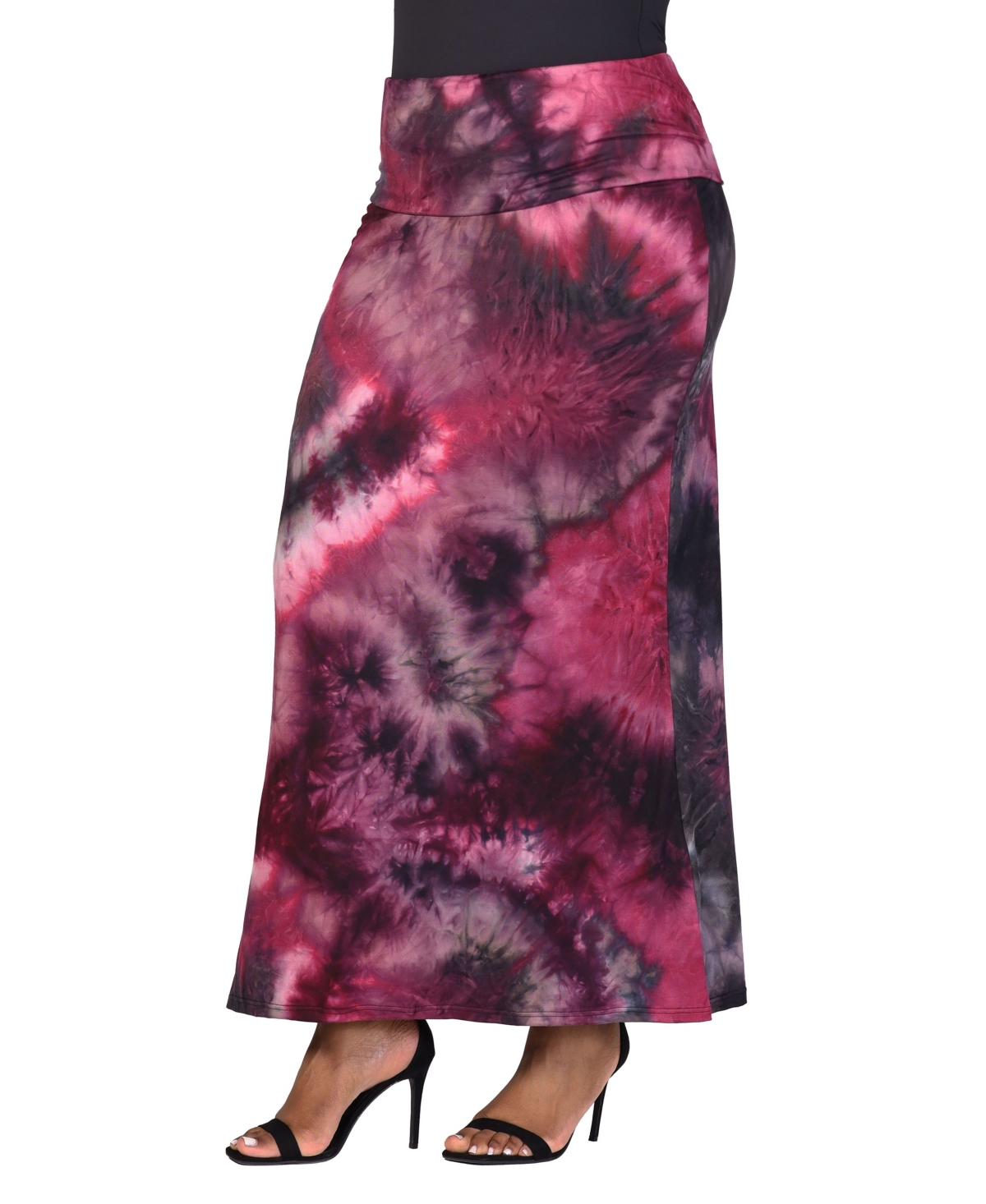 24SEVEN COMFORT APPAREL PLUS SIZE FOLD OVER WAIST PRINTED MAXI SKIRT 