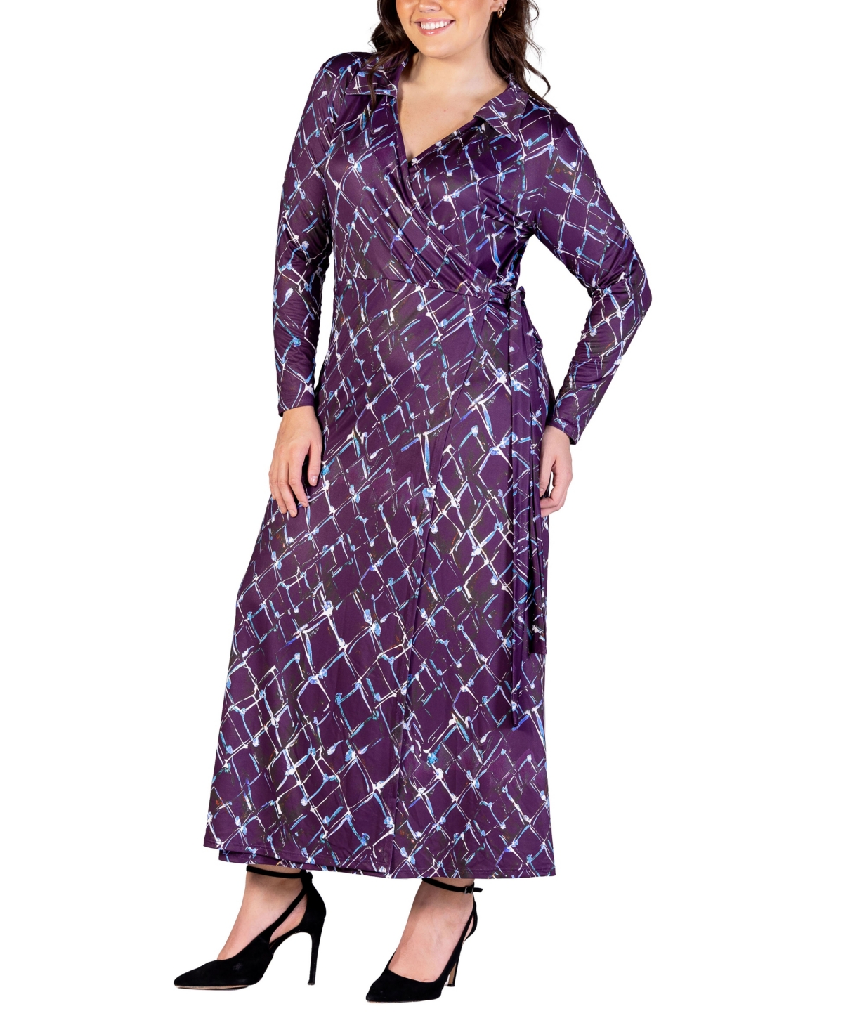 24seven Comfort Apparel Plus Size Collared Wrap Maxi Dress In Purple Multi