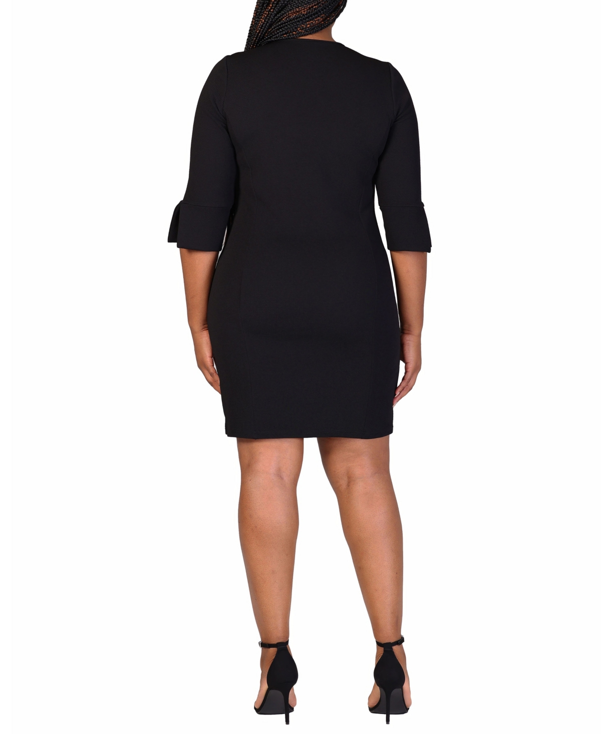 24seven Comfort Apparel Plus Size Three Quarter Sleeve Ruched Tulip Hem Mini Dress In Black
