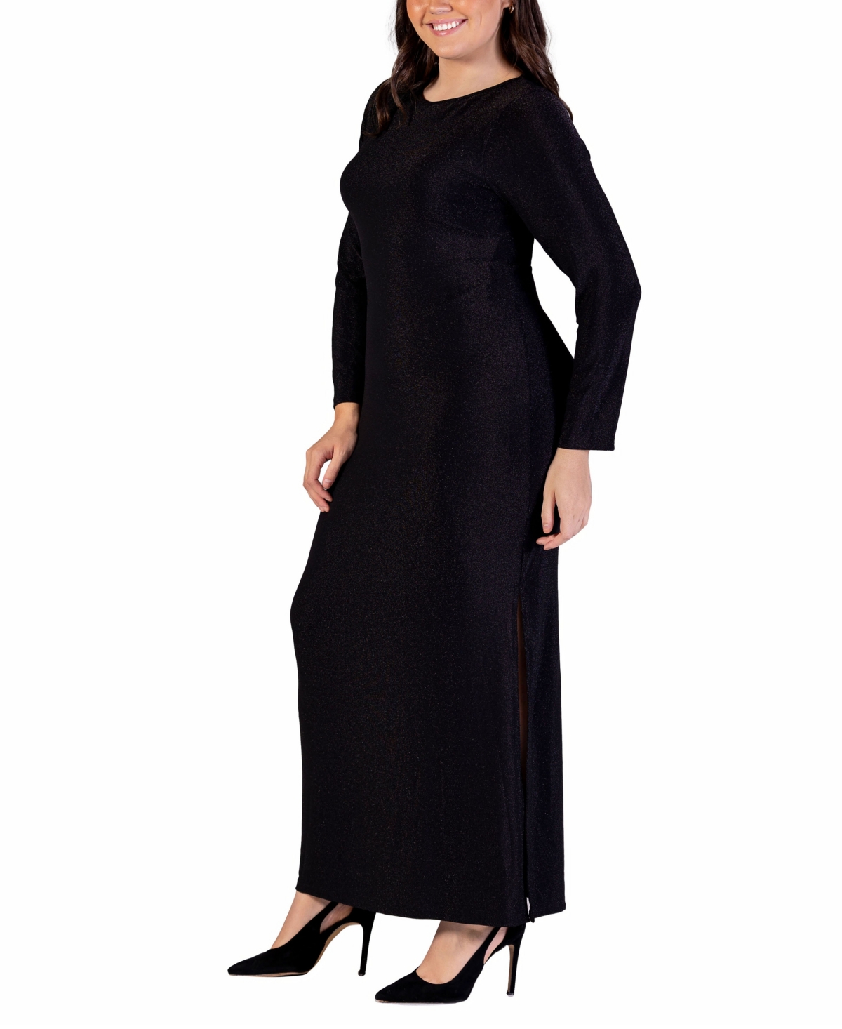 24seven Comfort Apparel Plus Size Long Sleeve Shimmery Maxi Dress In Black