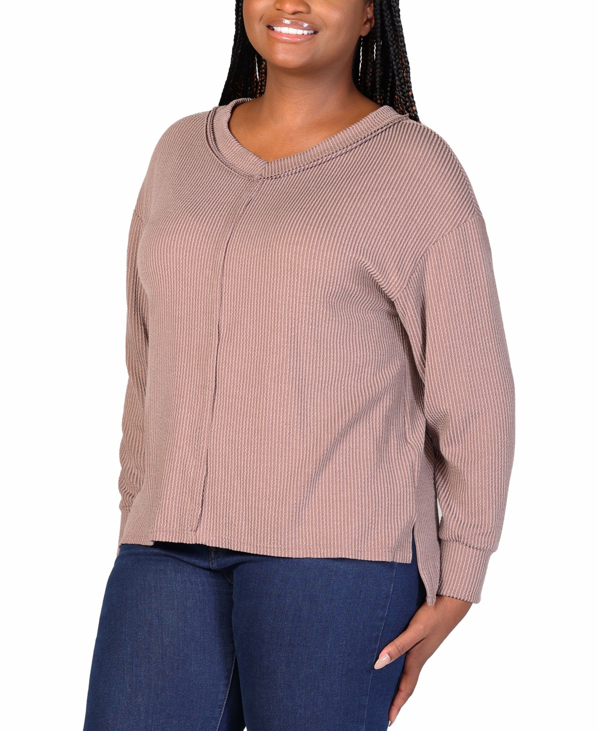 24seven Comfort Apparel Textured Stripe Knit Top In Taupe