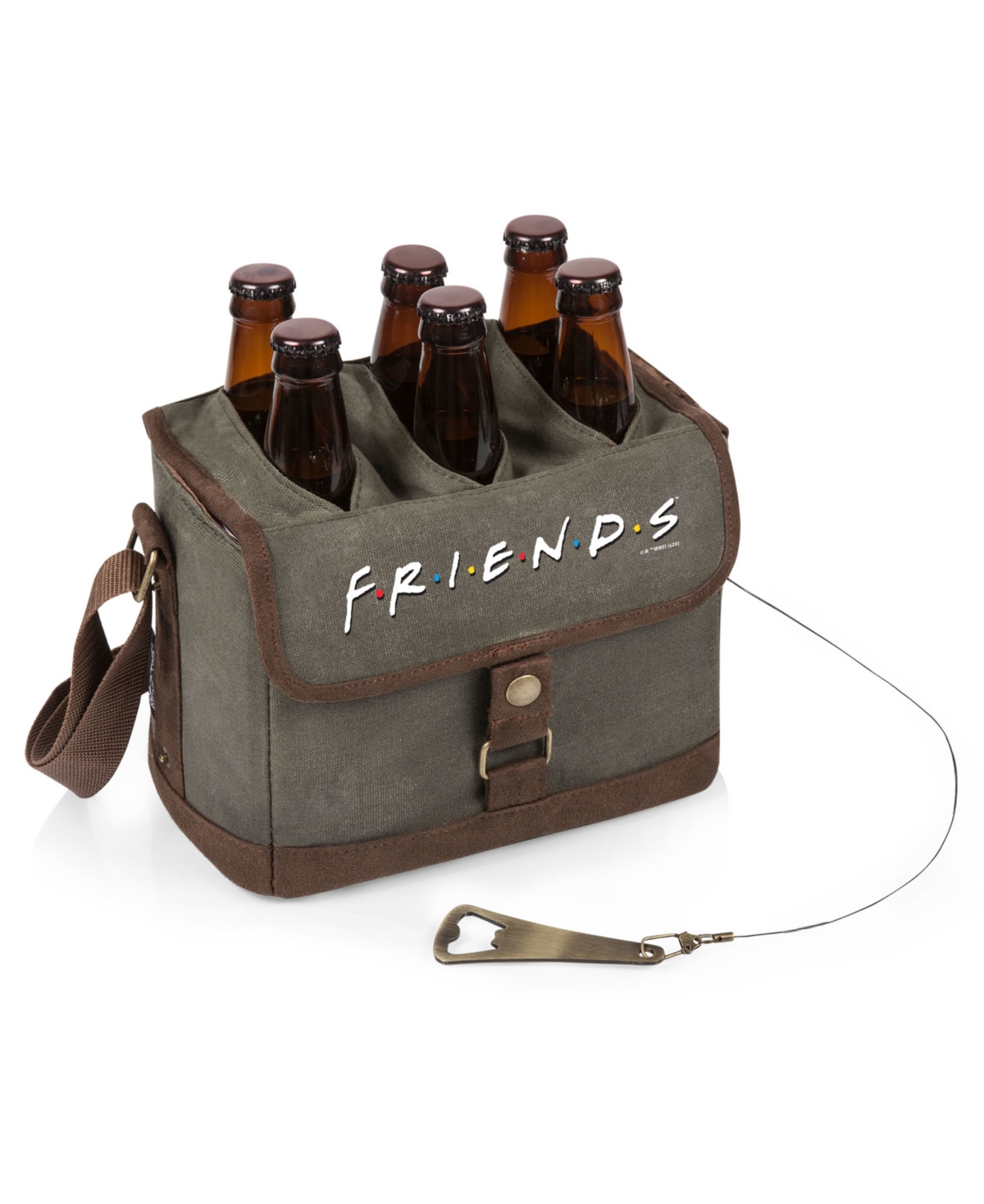 Friends Beverage Caddy 12 Can Cooler Tote with Opener - Khaki Green with Beige Accents