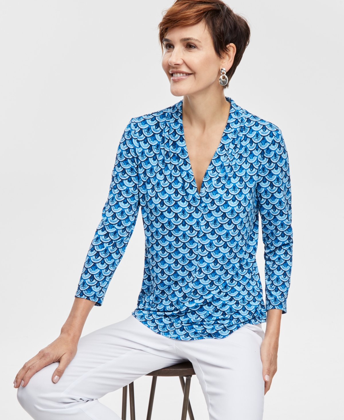 Shop Jm Collection Women's Printed Pleated V-neck Top, Exclusively At Macy's In Indigo Combo