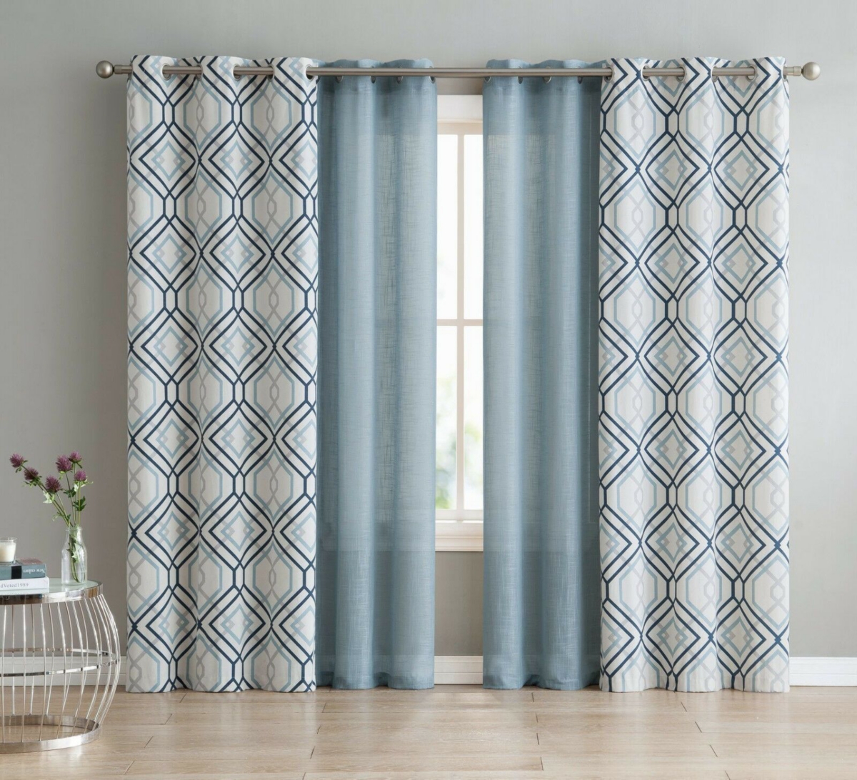 Kate Aurora Coordinating 4 Piece Geometric & Solid Curtain Set - 38 in. W x 96 in. L,- Aqua