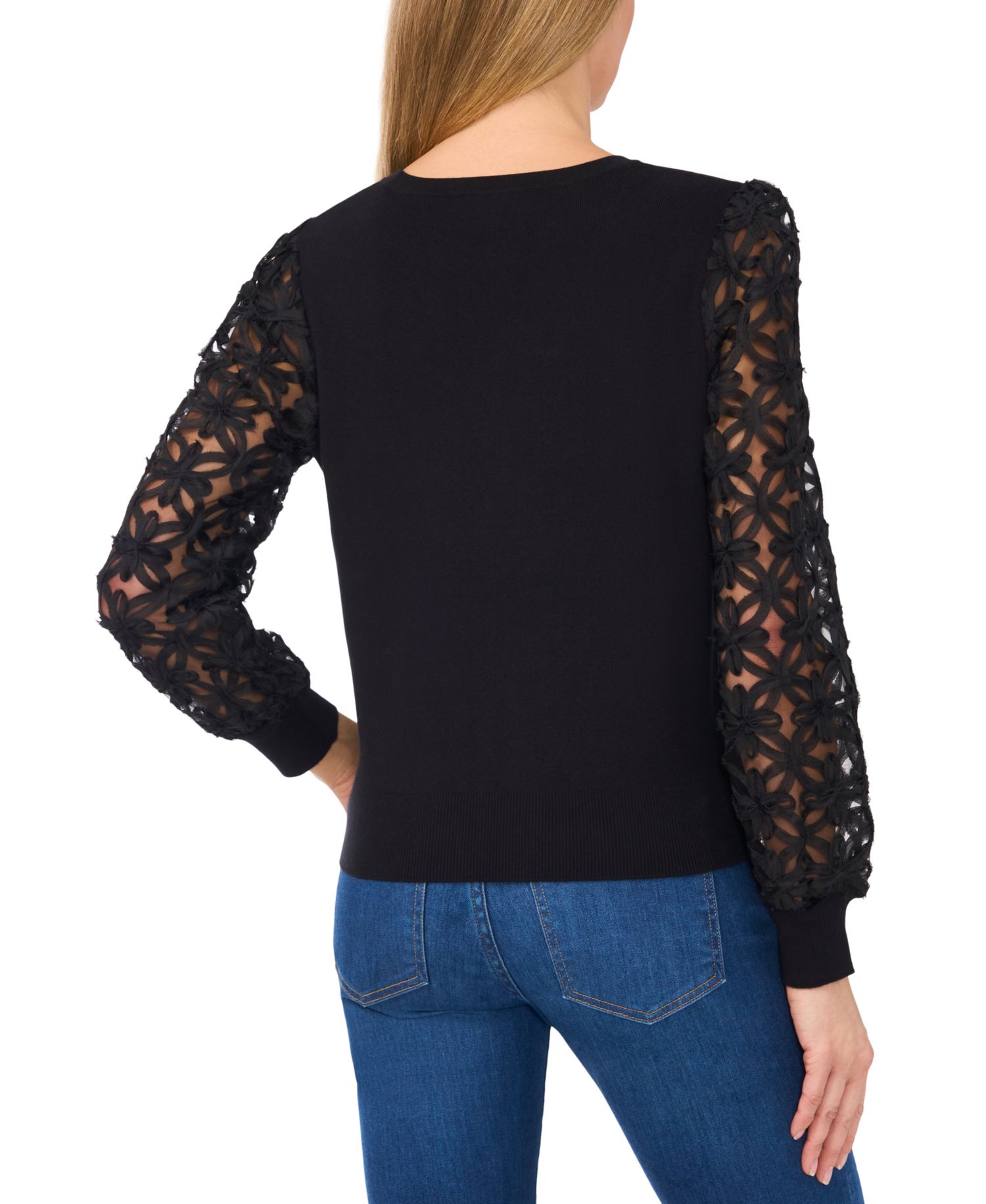 Women's 3D-Floral-Lace Mixed Media Sweater