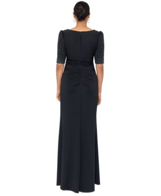 Petite Pleated-Waist Puffed-Shoulder Gown