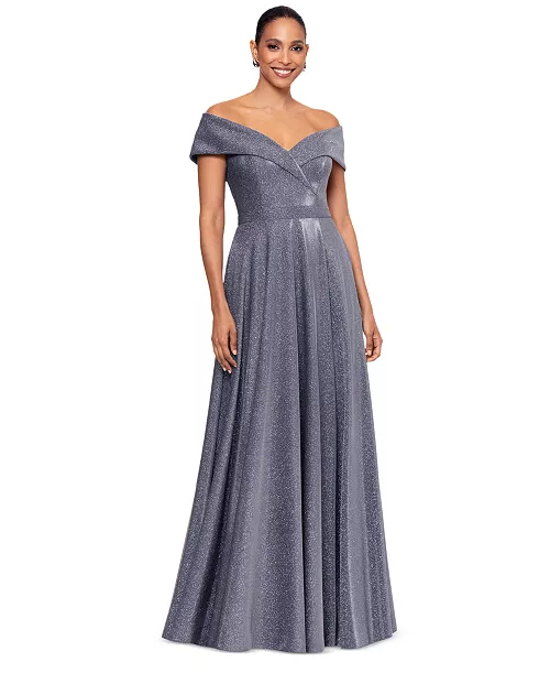 women's off-the-shoulder v-neck glitter gown