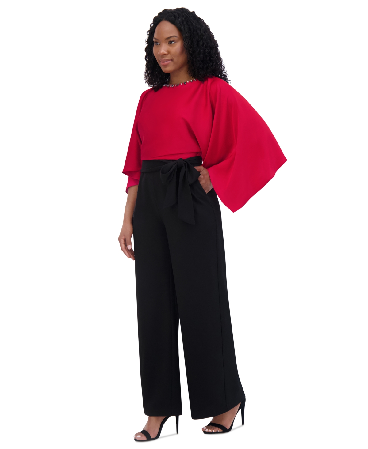 Jessica Howard Women's Satin Cape-Sleeve Jumpsuit -Red