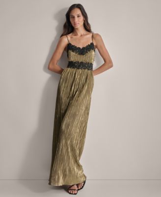 DKNY - Women's Pleated Metallic Lace-Trim Sleeveless Gown