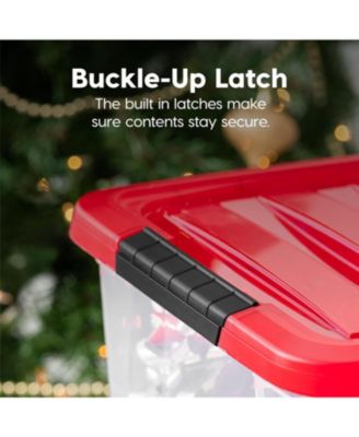 USA 4Pack 19qt Christmas Plastic Storage Bin with Lid and Secure Latching Buckles, Clear/Red