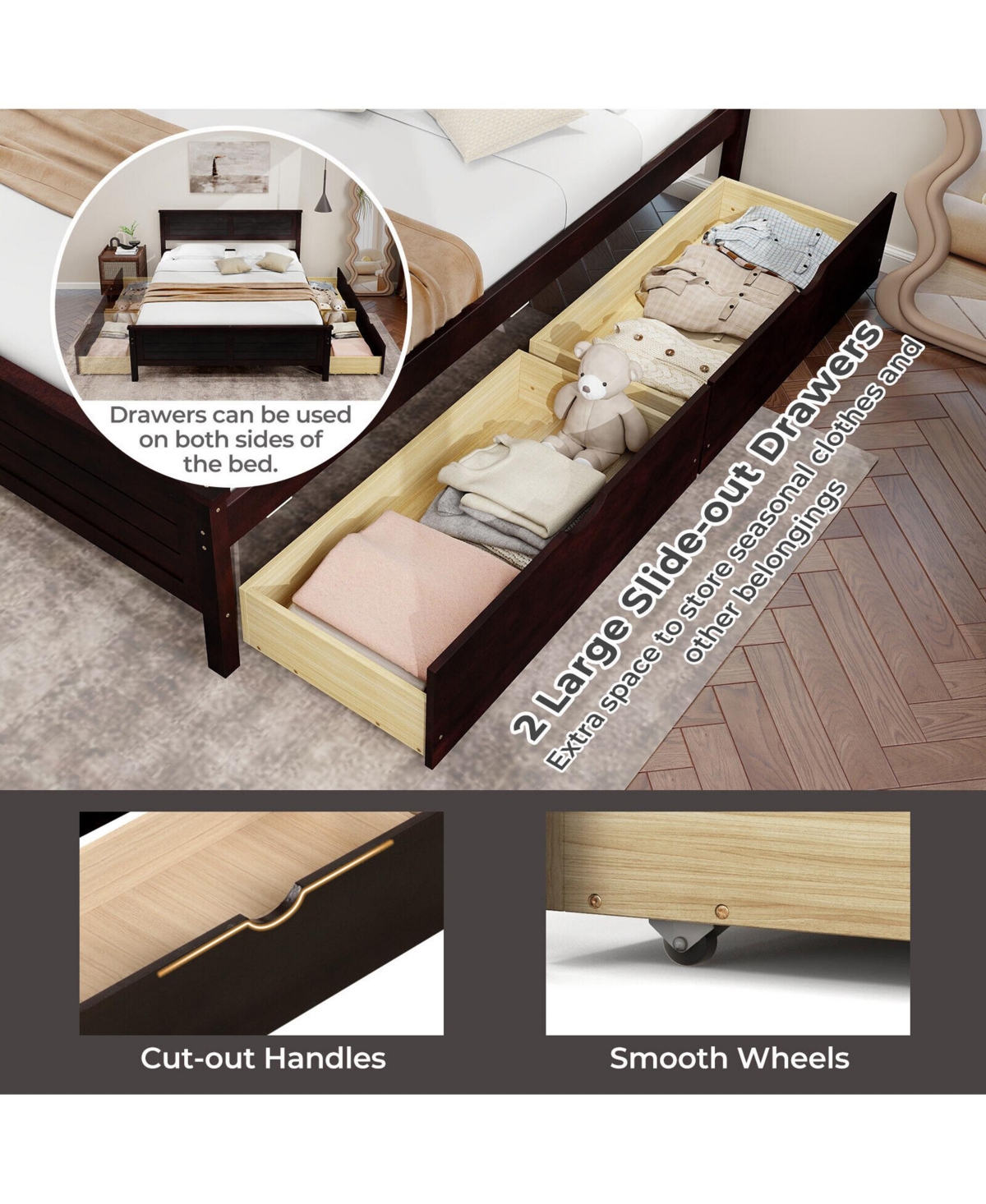 Gymax Full Bed Frame with 2 Storage Drawers & Under-bed Storage Espresso - Dark brown+natural