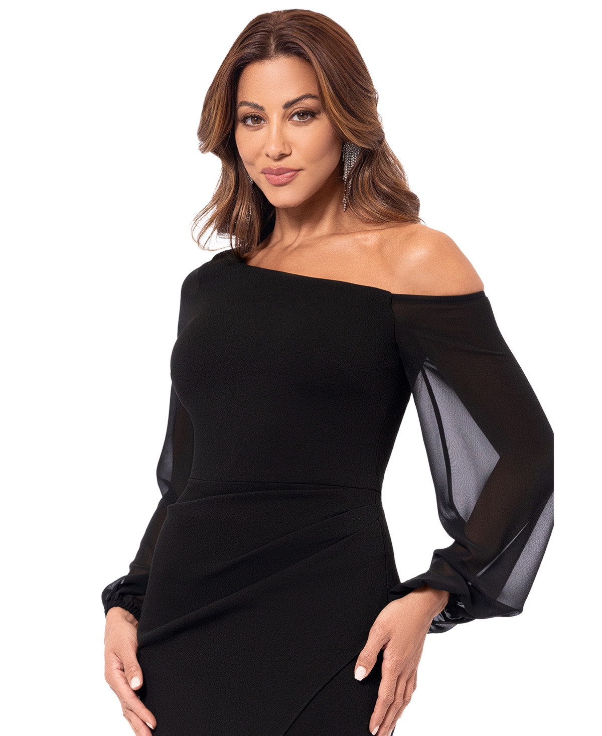 Betsy & Adam Petite One-shoulder Sheer-sleeve Evening Gown In Black