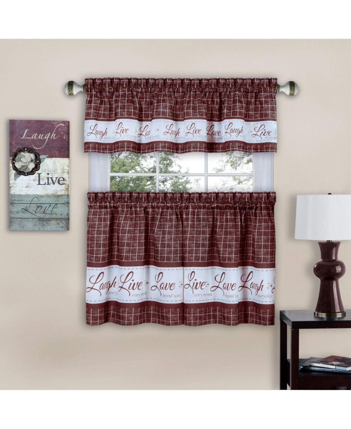 Country Farmhouse Plaid Live laugh love 3 Piece Kitchen Curtain Set - Charcoal