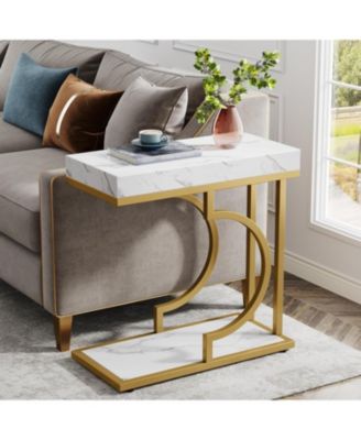 Narrow Side Table White Gold Side Table C Shaped End Table Modern Bedside Table Small Side Table for Couch, Sofa Table with Metal Frame for Living Room