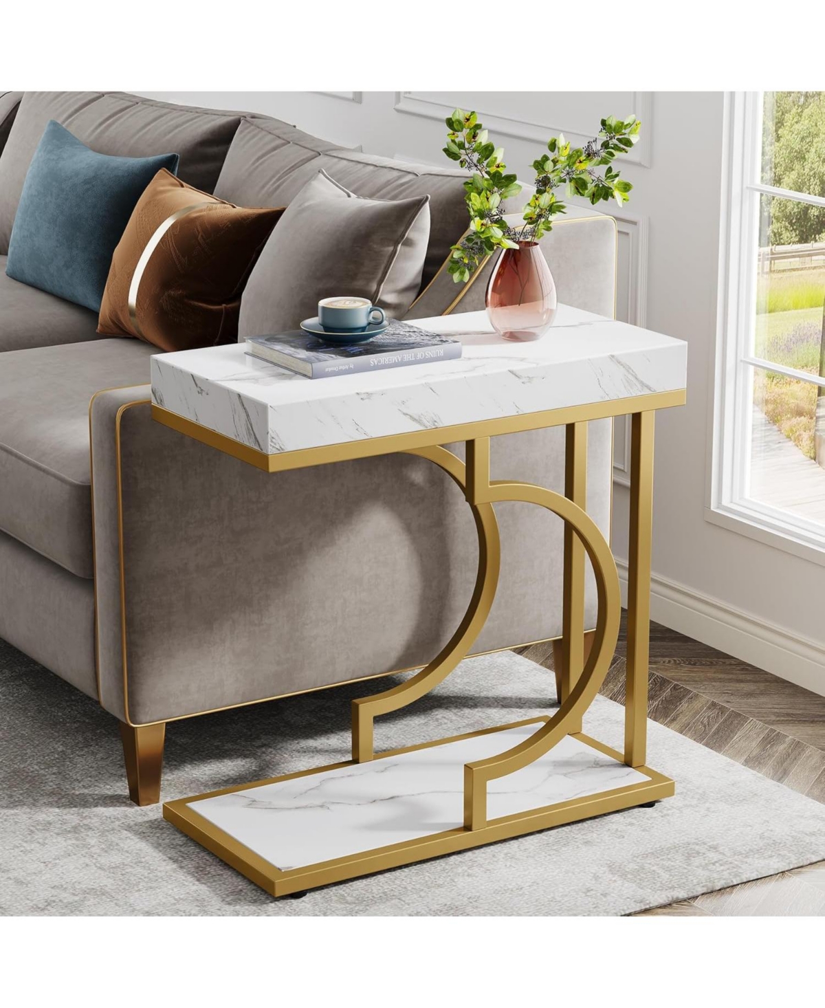 Tribesigns Narrow Side Table White Gold Side Table C Shaped End Table Modern Bedside Table Side Table for Couch, Sofa Table with Metal Frame for