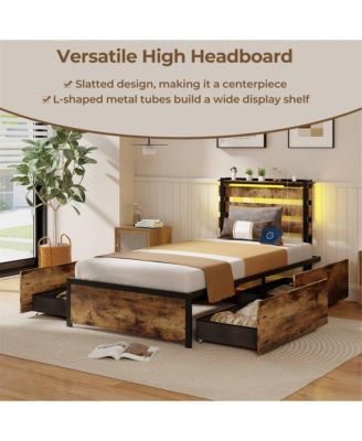 Twin Size Bed Frame w/ Drawers LED Lights Outlets & USB Ports Smart APP Control