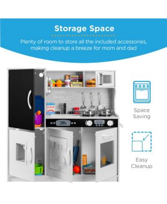 Pretend Play Kitchen Wooden Toy Set for Kids w/ Telephone, Utensils, Oven, Microwave