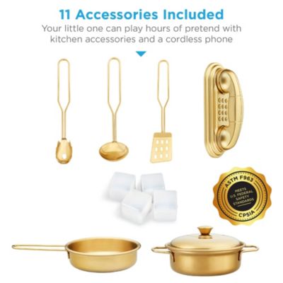 Pretend Play Kitchen Wooden Toy Set for Kids w/ Telephone, Utensils, Oven, Microwave