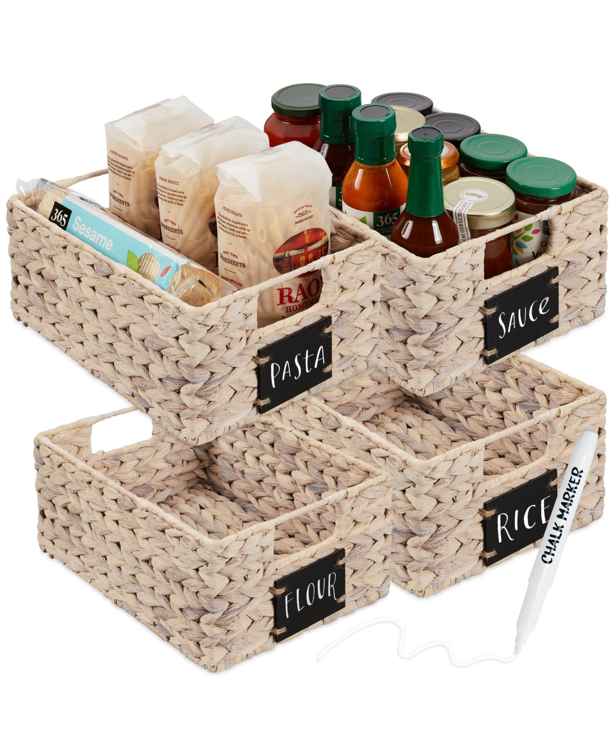 Set of 4 12in Woven Water Hyacinth Pantry Baskets w/ Chalkboard Label, Chalk Marker - Black