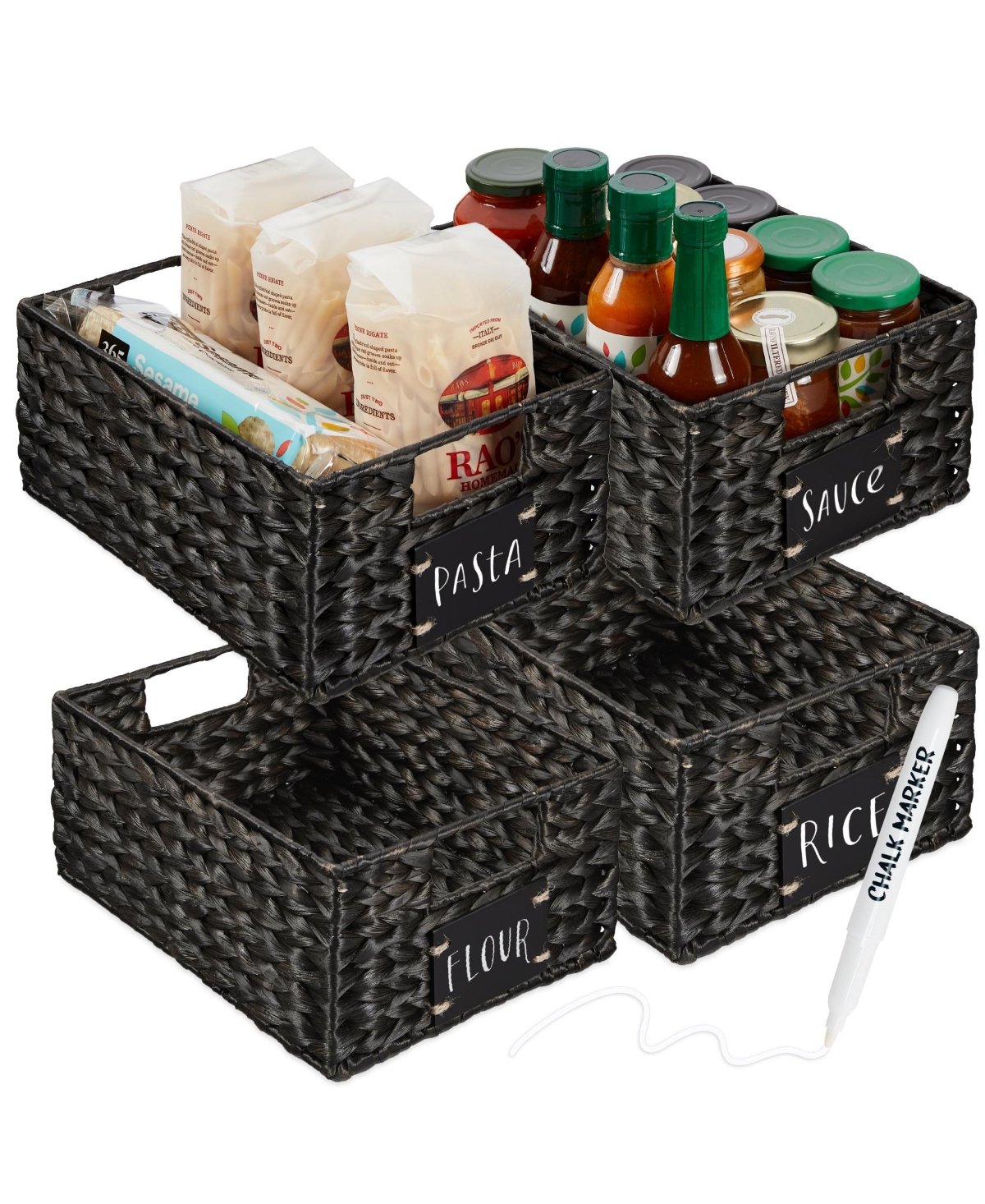 Set of 4 12in Woven Water Hyacinth Pantry Baskets w/ Chalkboard Label, Chalk Marker - Black