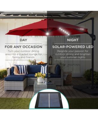 10ft 360-Degree Solar LED Lit Cantilever Patio Umbrella, Outdoor Hanging Shade