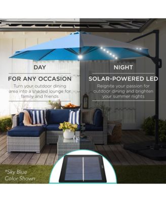 10ft 360-Degree Solar LED Lit Cantilever Patio Umbrella, Outdoor Hanging Shade