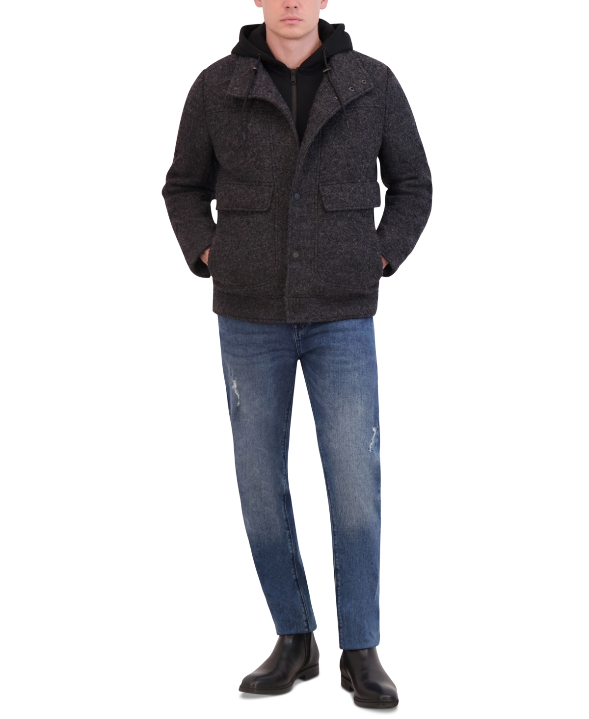 Kenneth Cole Men's Stand Collar Hooded Bib Boucle Coat