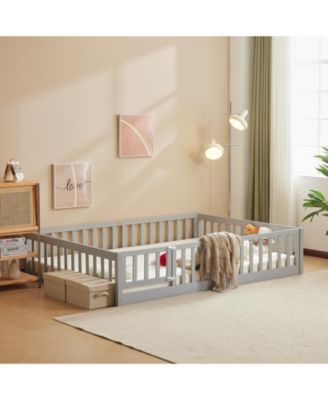 Grey Painted Pine Full Fence Bed with Door and Board for Kids