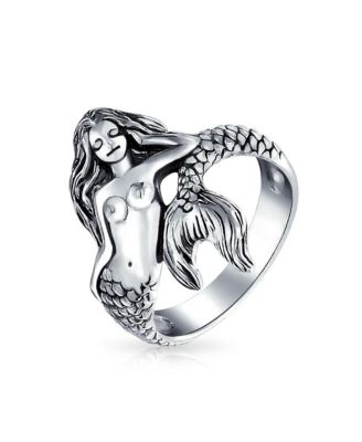 Nautical Marine Life Tropical Beach Nymph Siren Mermaid Ring Oxidized .925 Sterling Silver 2MM Band