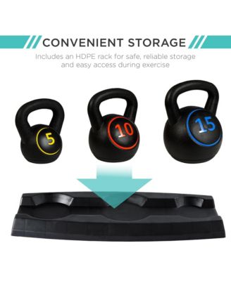 3-Piece Kettlebell Set with Storage Rack, Exercise Fitness  Concrete Weights 5lb, 10lb, 15lb