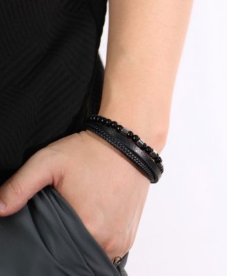 Black Leather Beaded Stainless Steel Bracelet
