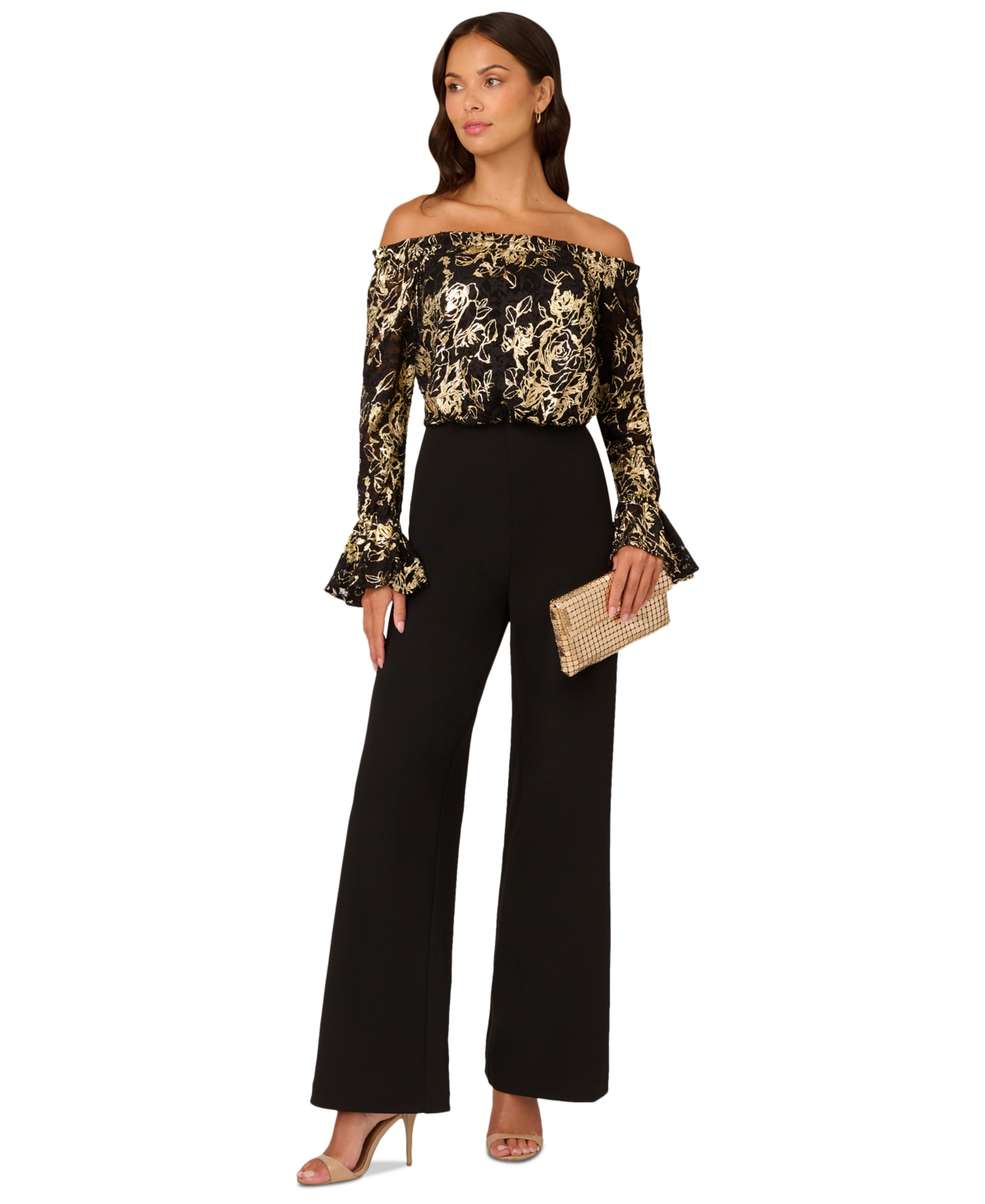 Adrianna Papell Women's Off-the-shoulder Lace & Crepe Jumpsuit In Black,gold